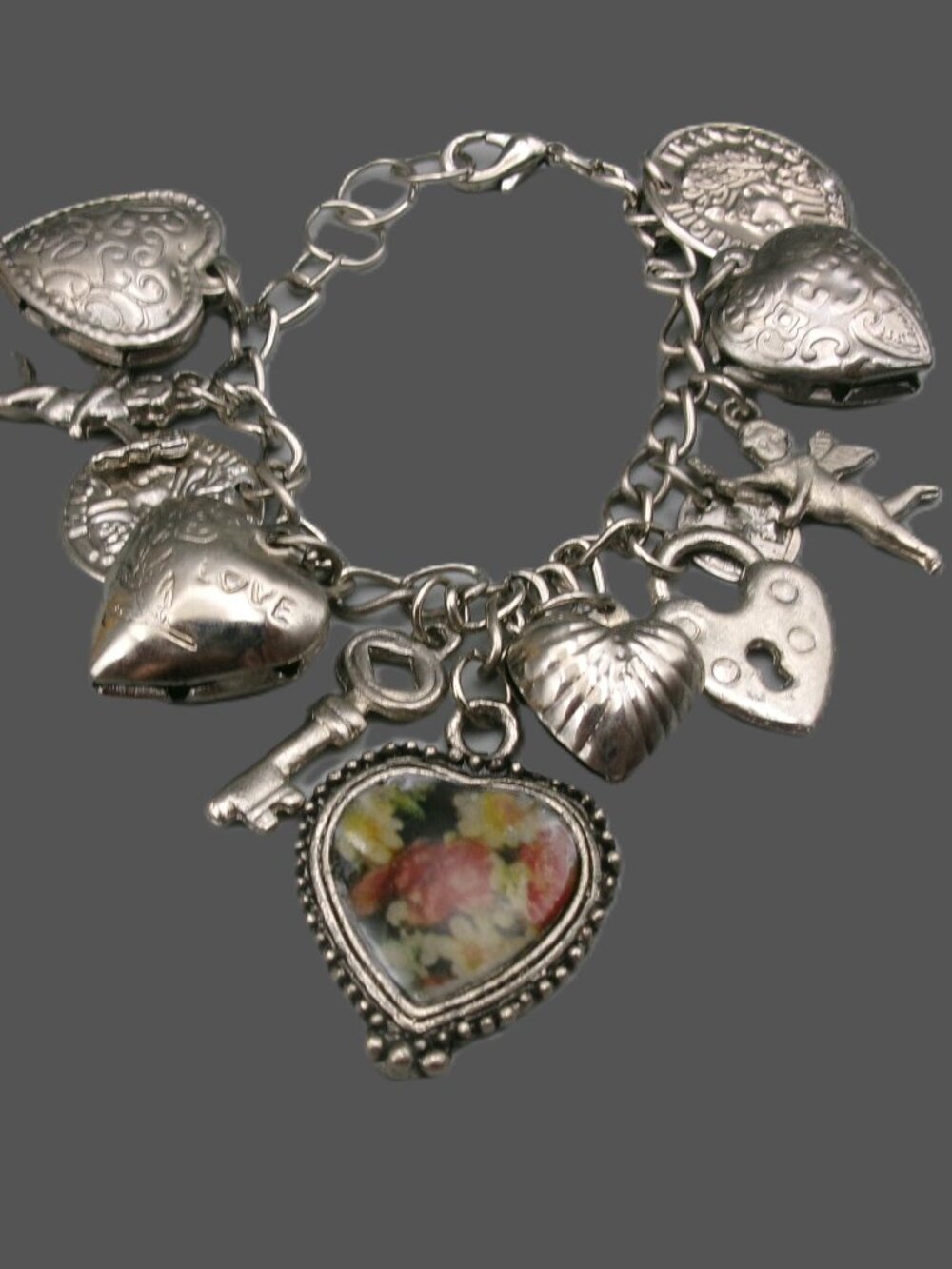 Vintage Pididdly Links Victorian Revival Charm Bracelet, Hearts, Lock Key, Cupid